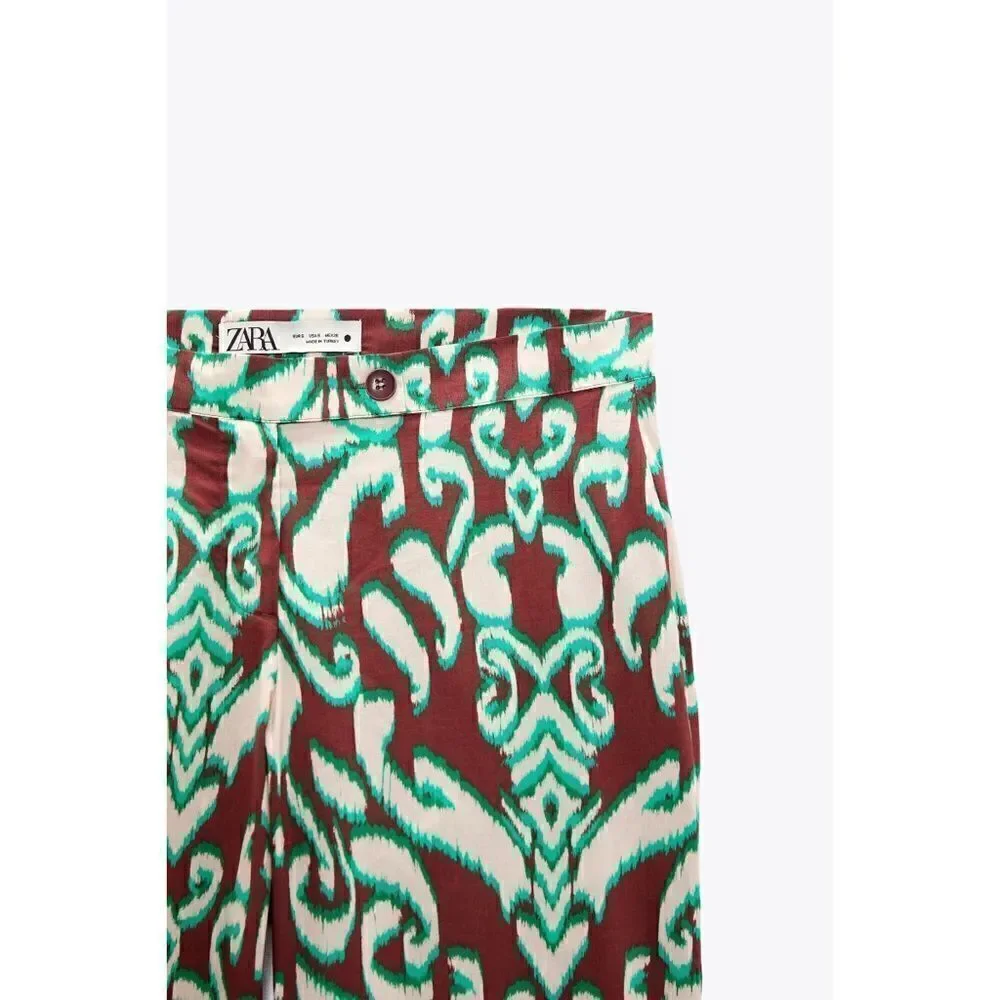 NWT Zara Printed Mid Rise Straight Leg 100% Cotton Pants, Size XS